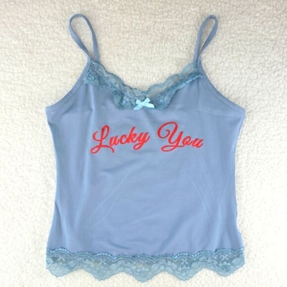 Virghoes Powder Blue Lacy Cami with red text printed Lucky You - Picture 1 of 13